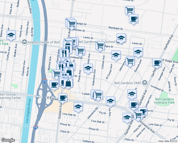 map of restaurants, bars, coffee shops, grocery stores, and more near 6612 El Selinda Avenue in Bell Gardens