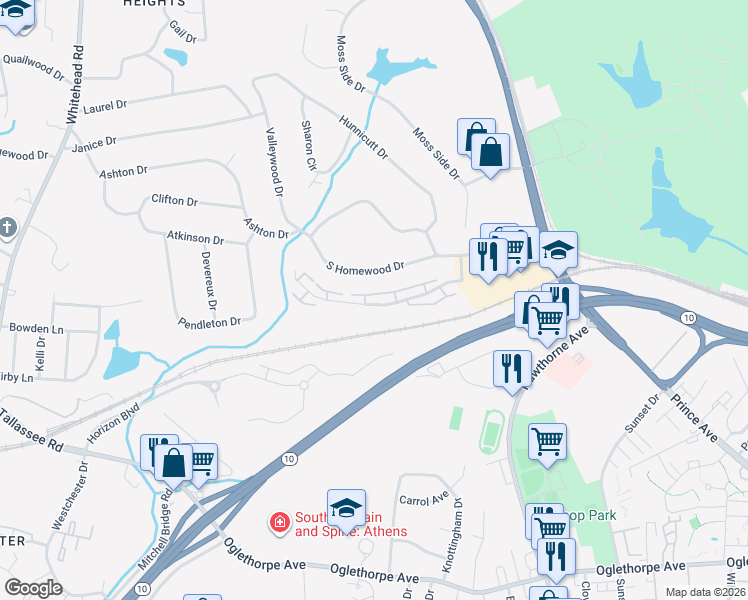 map of restaurants, bars, coffee shops, grocery stores, and more near 184 Magnolia Blossom Way in Athens