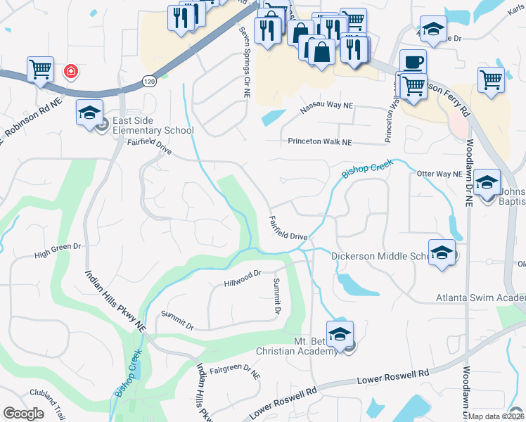 map of restaurants, bars, coffee shops, grocery stores, and more near 931 Fairfield Drive in Marietta