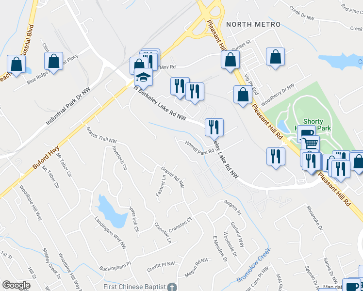 map of restaurants, bars, coffee shops, grocery stores, and more near 4082 Howell Park Road in Duluth
