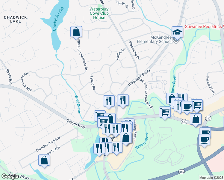 map of restaurants, bars, coffee shops, grocery stores, and more near 1171 Bailing Drive in Lawrenceville