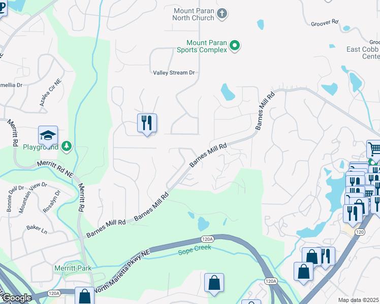 map of restaurants, bars, coffee shops, grocery stores, and more near 1515 Cedar Bluff Trail in Marietta