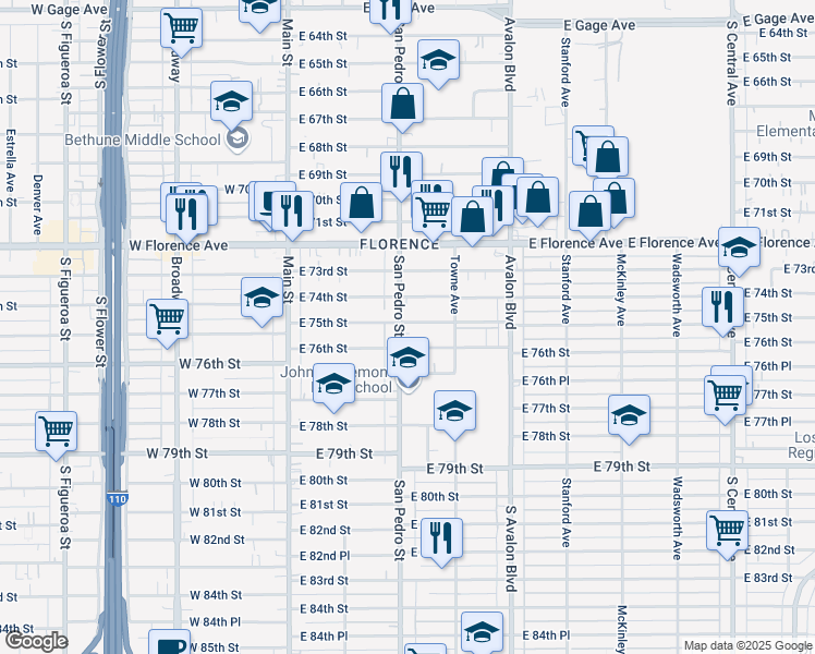 map of restaurants, bars, coffee shops, grocery stores, and more near 7502 San Pedro Street in Los Angeles