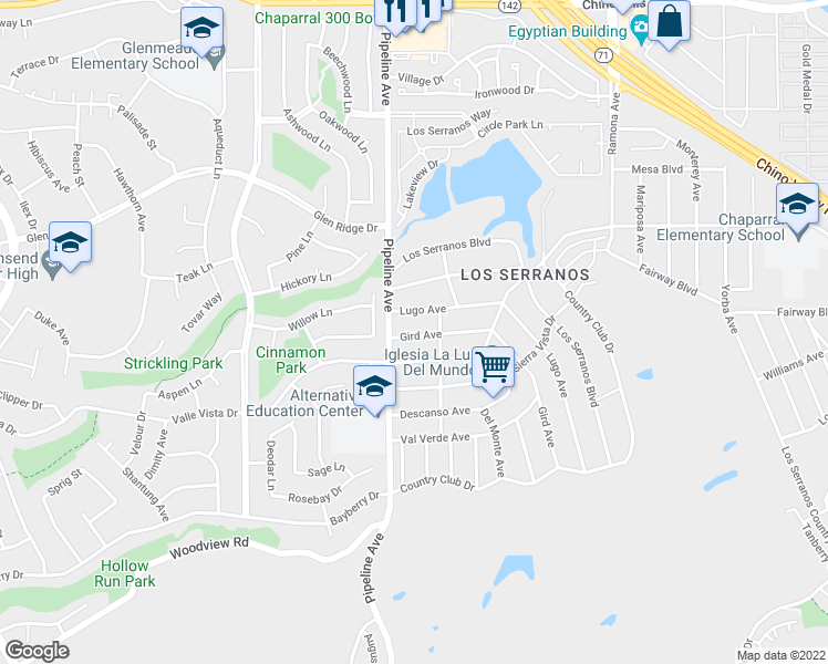 map of restaurants, bars, coffee shops, grocery stores, and more near 4146 Gird Avenue in Chino Hills