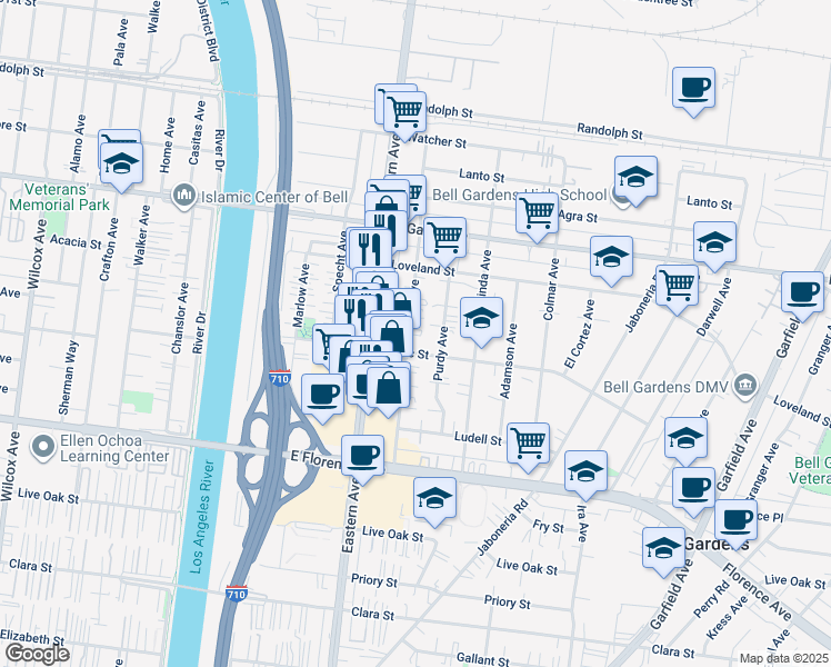 map of restaurants, bars, coffee shops, grocery stores, and more near 6622 Ajax Avenue in Bell Gardens