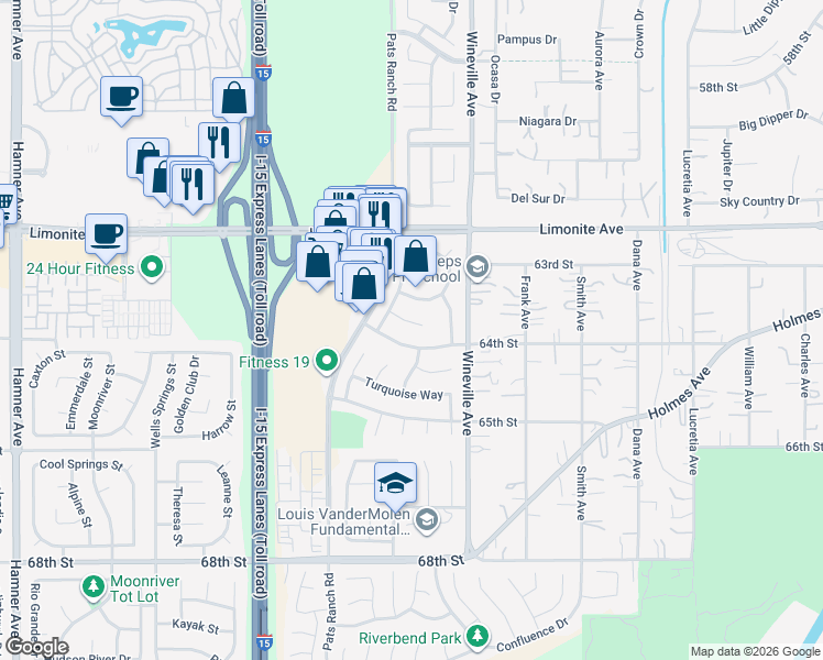 map of restaurants, bars, coffee shops, grocery stores, and more near 11921 Sunstone Court in Jurupa Valley