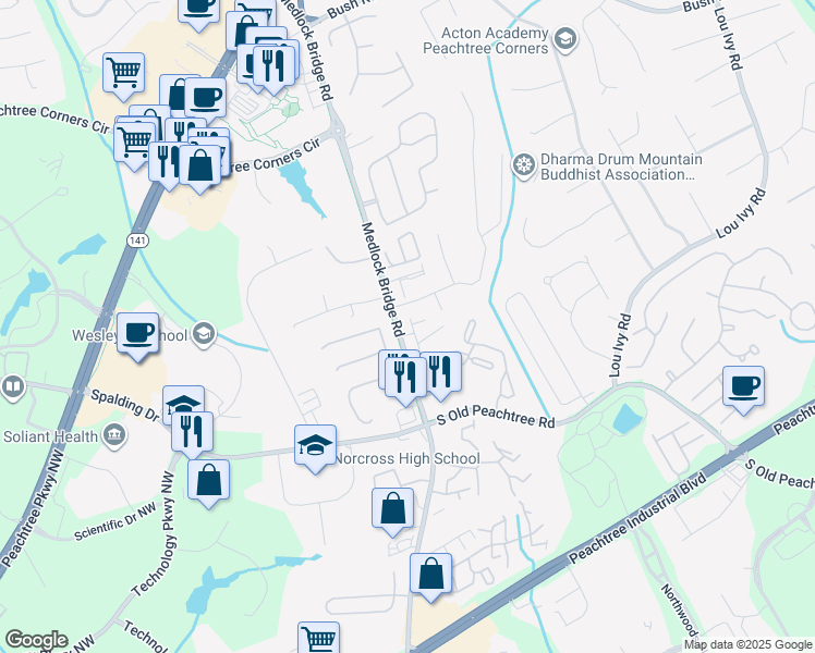 map of restaurants, bars, coffee shops, grocery stores, and more near 3522 Pecos Lane in Norcross