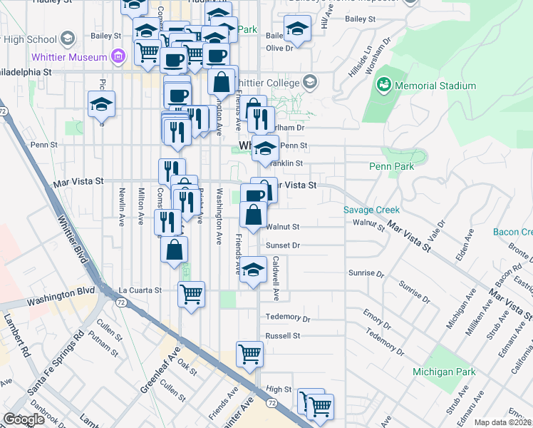 map of restaurants, bars, coffee shops, grocery stores, and more near 13418 Via Del Palma Avenue in Whittier
