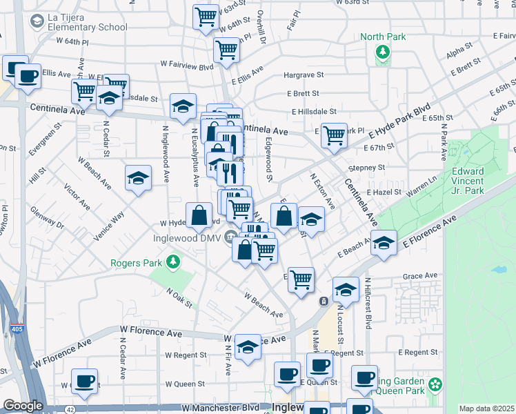 map of restaurants, bars, coffee shops, grocery stores, and more near 200 East Hyde Park Boulevard in Inglewood