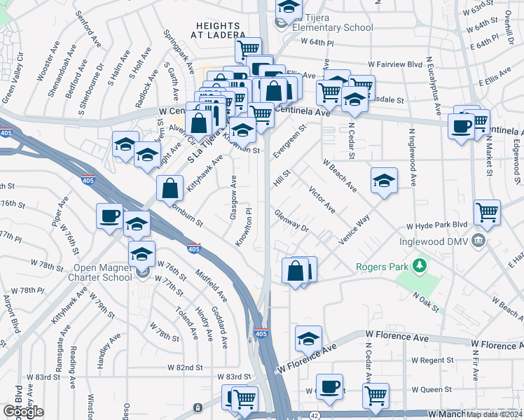 map of restaurants, bars, coffee shops, grocery stores, and more near 7113 South La Cienega Boulevard in Los Angeles