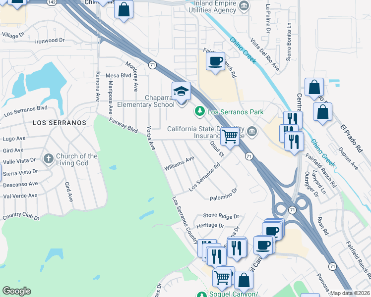 map of restaurants, bars, coffee shops, grocery stores, and more near 15488 Cecelia Street in Chino Hills