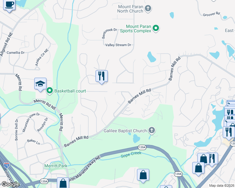 map of restaurants, bars, coffee shops, grocery stores, and more near 1541 Cedar Bluff Trail in Marietta