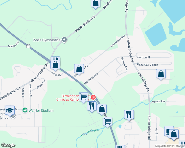 map of restaurants, bars, coffee shops, grocery stores, and more near 3509 Montrose Avenue in Rainbow City