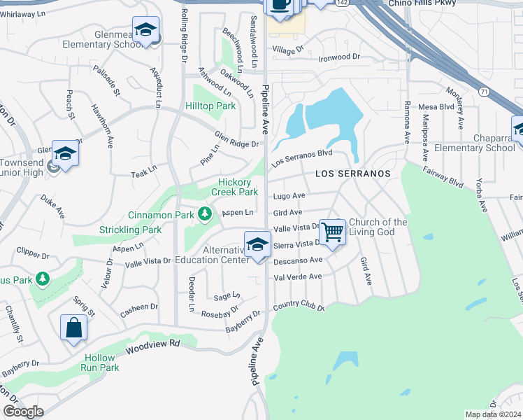 map of restaurants, bars, coffee shops, grocery stores, and more near 15483 Elm Lane in Chino Hills
