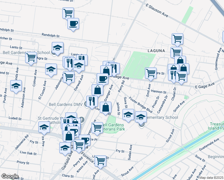 map of restaurants, bars, coffee shops, grocery stores, and more near 6632 Granger Avenue in Bell Gardens