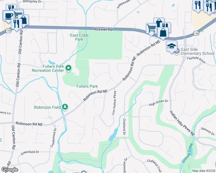 map of restaurants, bars, coffee shops, grocery stores, and more near 3530 Hidden Hollow Court Northeast in Marietta