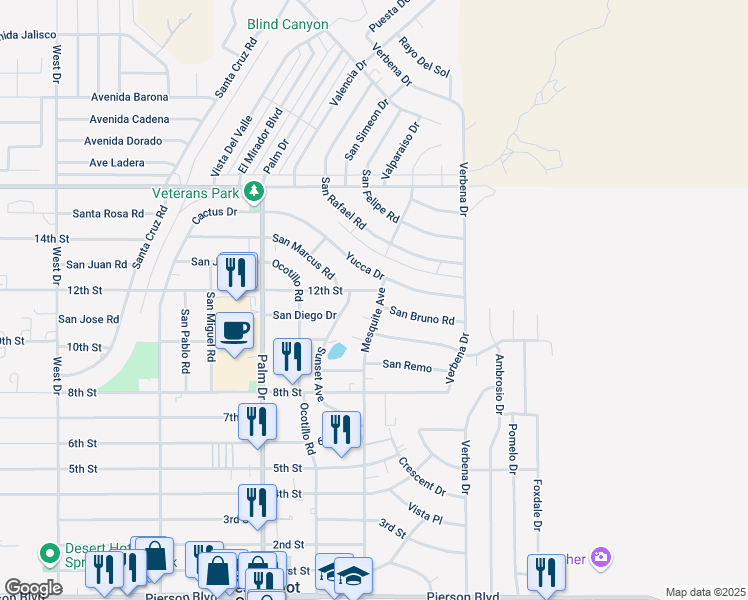 map of restaurants, bars, coffee shops, grocery stores, and more near in Desert Hot Springs
