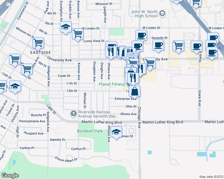 map of restaurants, bars, coffee shops, grocery stores, and more near 1883 12th Street in Riverside