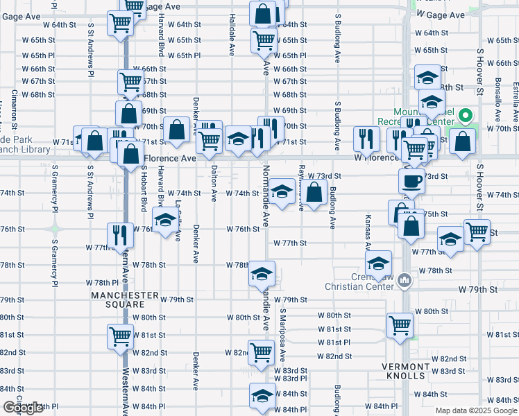 map of restaurants, bars, coffee shops, grocery stores, and more near 7501 Normandie Avenue in Los Angeles