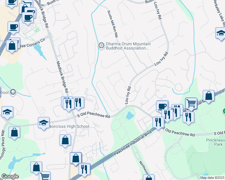 map of restaurants, bars, coffee shops, grocery stores, and more near 3490 Grove Park Drive in Duluth