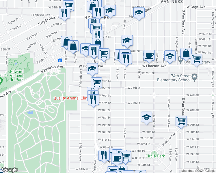 map of restaurants, bars, coffee shops, grocery stores, and more near 3205 West 75th Street in Los Angeles