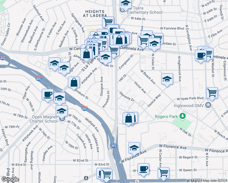map of restaurants, bars, coffee shops, grocery stores, and more near 7113 South La Cienega Boulevard in Los Angeles