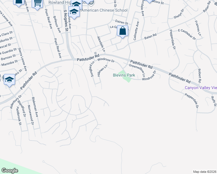 map of restaurants, bars, coffee shops, grocery stores, and more near 2454 Hillman Lane in Rowland Heights