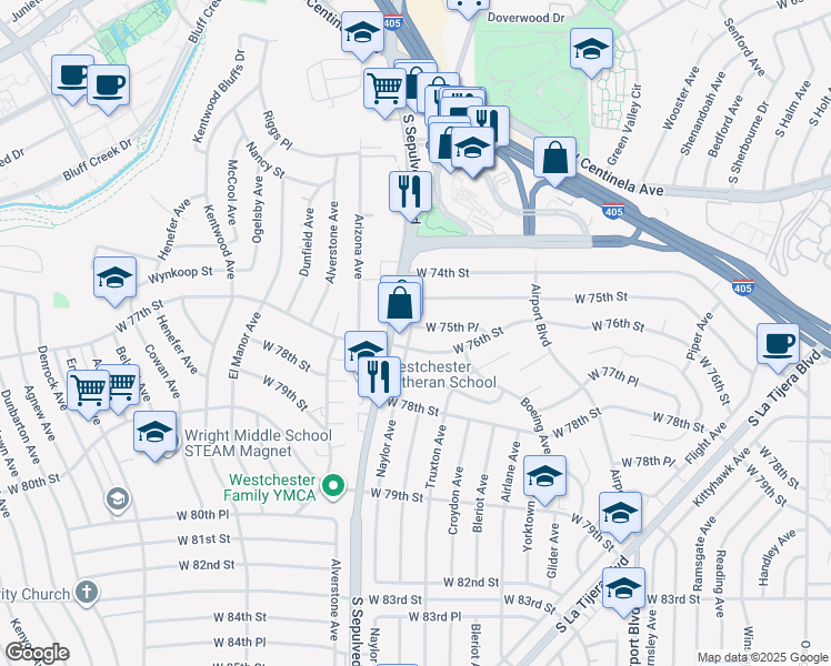 map of restaurants, bars, coffee shops, grocery stores, and more near 6154 West 75th Place in Los Angeles
