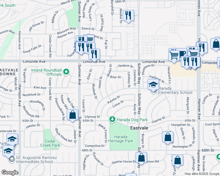 map of restaurants, bars, coffee shops, grocery stores, and more near 6377 Erica Court in Corona