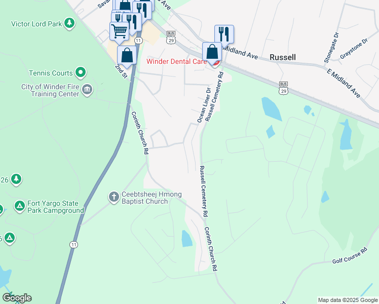 map of restaurants, bars, coffee shops, grocery stores, and more near 247 Oceanliner Drive in Winder