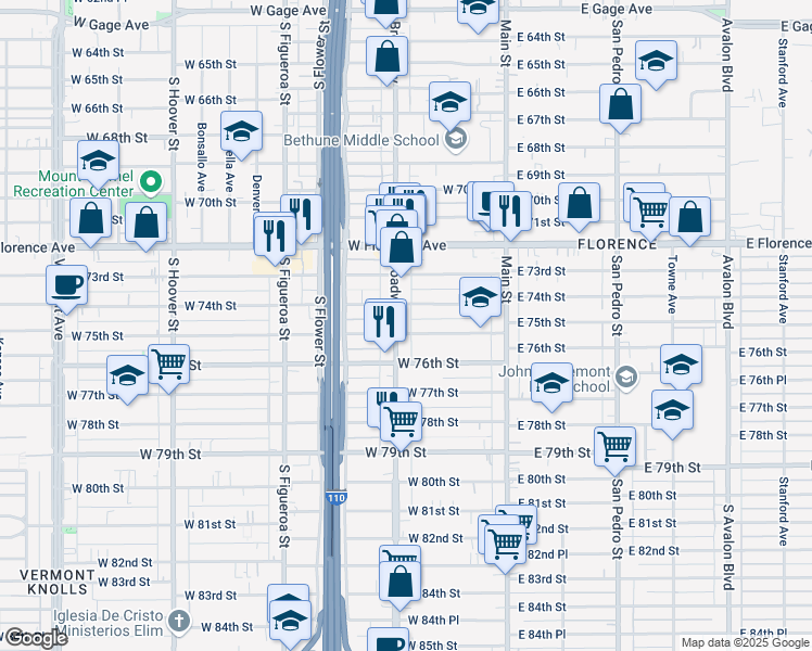 map of restaurants, bars, coffee shops, grocery stores, and more near 7422 South Broadway in Los Angeles