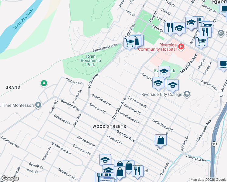 map of restaurants, bars, coffee shops, grocery stores, and more near 4274 Larchwood Place in Riverside