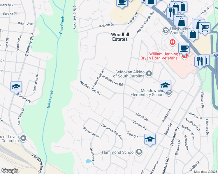 map of restaurants, bars, coffee shops, grocery stores, and more near 6118 Hampton Ridge Road in Columbia