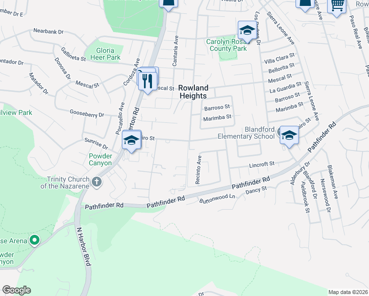 map of restaurants, bars, coffee shops, grocery stores, and more near 2613 Batson Avenue in La Puente