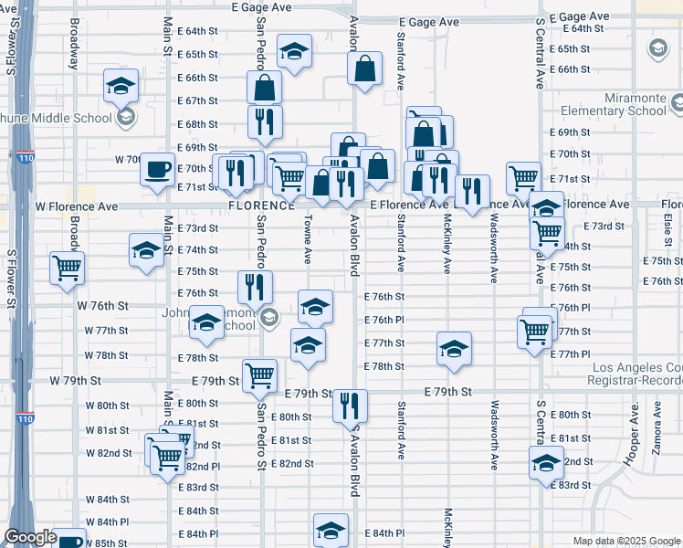 map of restaurants, bars, coffee shops, grocery stores, and more near 444 East 75th Street in Los Angeles
