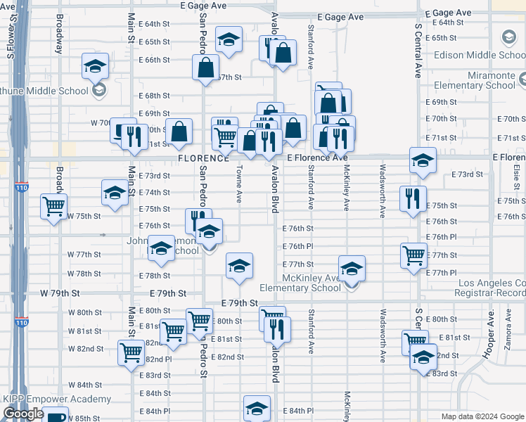 map of restaurants, bars, coffee shops, grocery stores, and more near 436 East 75th Street in Los Angeles