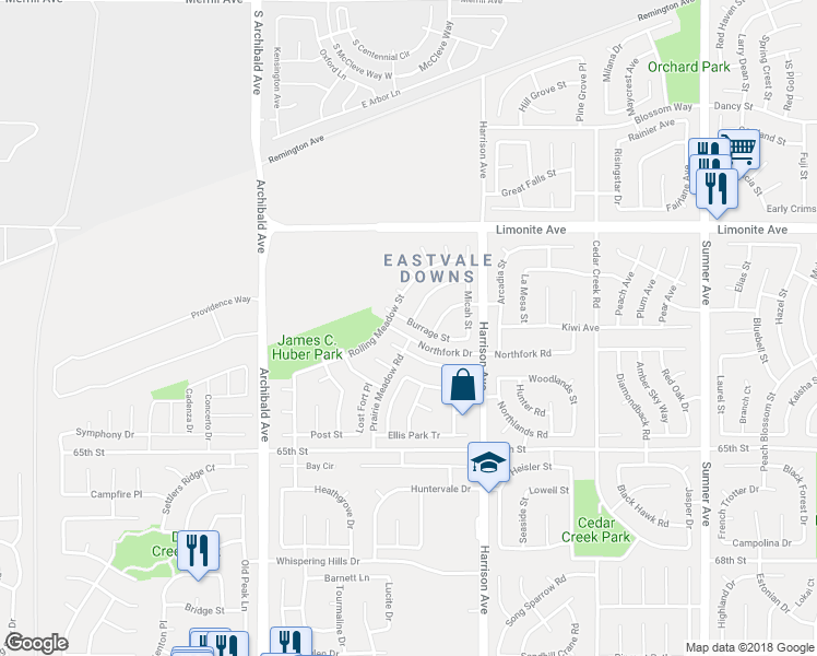 map of restaurants, bars, coffee shops, grocery stores, and more near 13931 Burrage Street in Corona