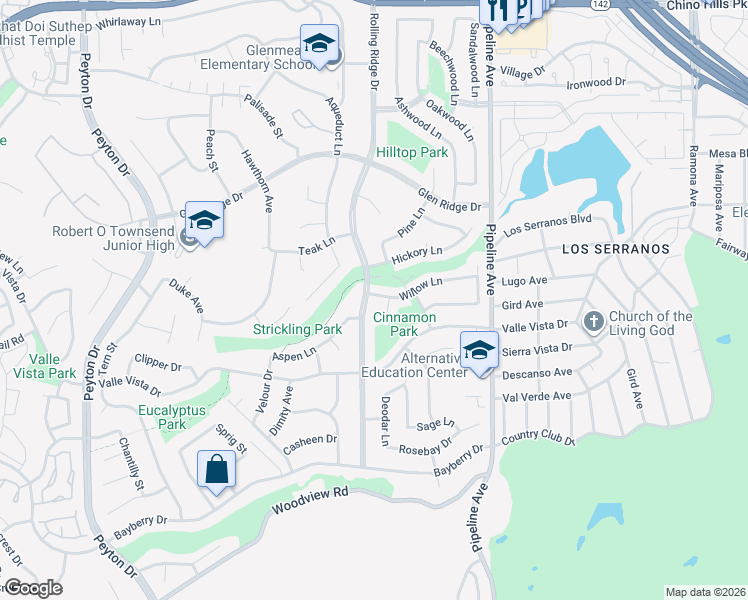 map of restaurants, bars, coffee shops, grocery stores, and more near 15477 Rolling Ridge Drive in Chino Hills