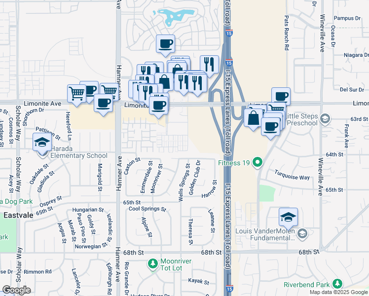 map of restaurants, bars, coffee shops, grocery stores, and more near 6388 Planetary Road in Eastvale