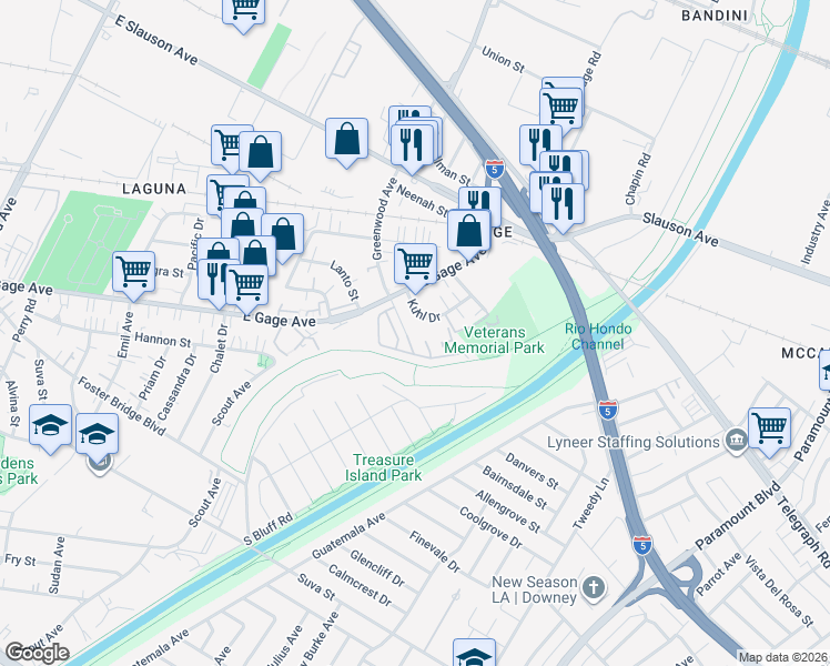 map of restaurants, bars, coffee shops, grocery stores, and more near 6342 Greenwood Avenue in Commerce