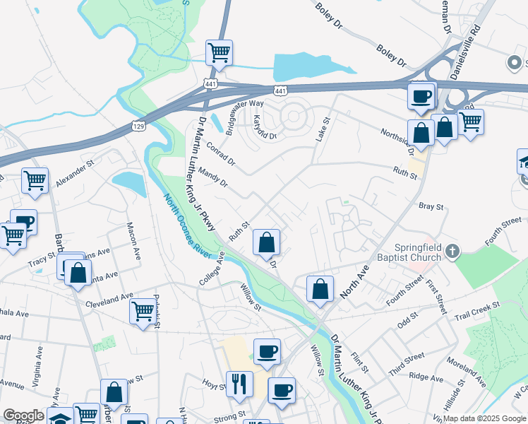 map of restaurants, bars, coffee shops, grocery stores, and more near 106 Magnolia Bluff Drive in Athens