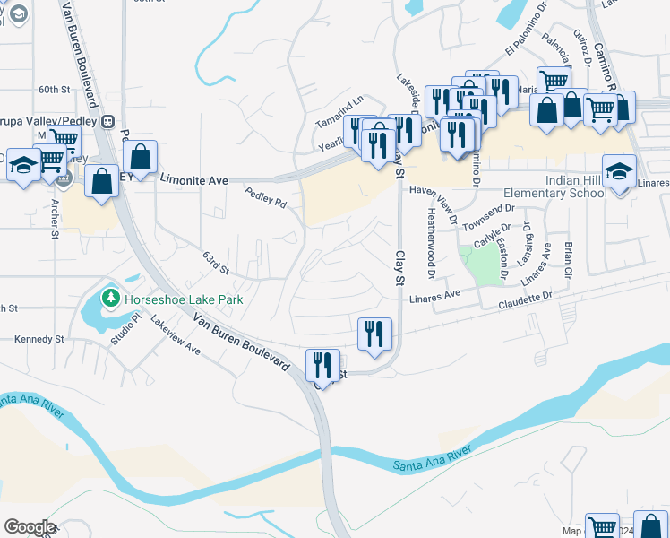 map of restaurants, bars, coffee shops, grocery stores, and more near 8364 Sun Rose Court in Jurupa Valley