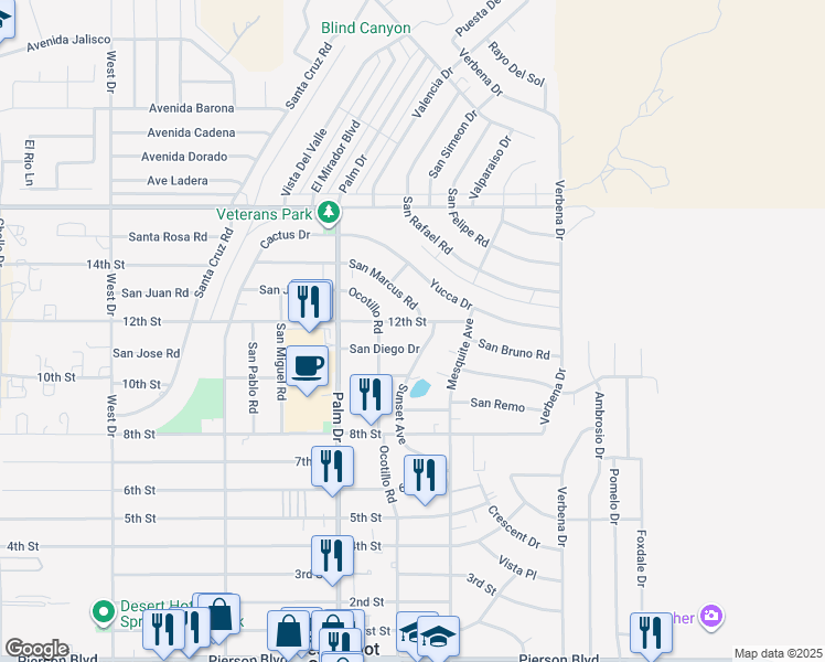 map of restaurants, bars, coffee shops, grocery stores, and more near 12th Street in Desert Hot Springs