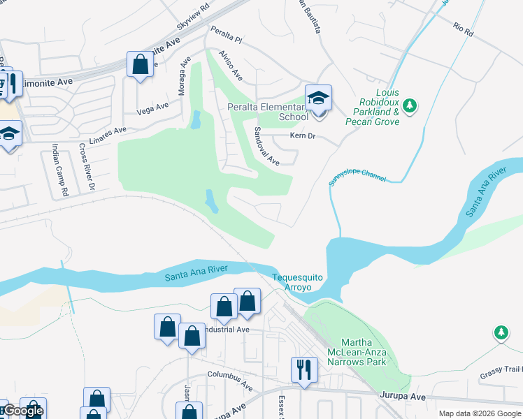 map of restaurants, bars, coffee shops, grocery stores, and more near 6566 Avenue Juan Diaz in Riverside