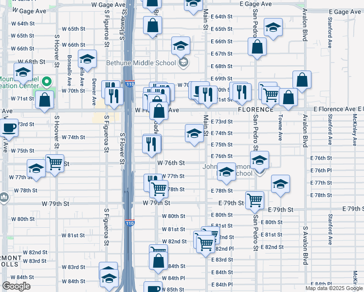 map of restaurants, bars, coffee shops, grocery stores, and more near 163 West 75th Street in Los Angeles