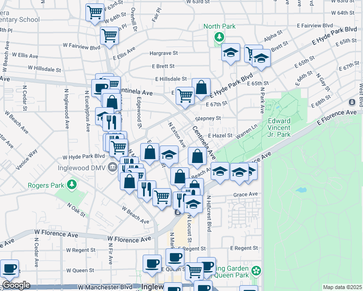 map of restaurants, bars, coffee shops, grocery stores, and more near 507 North Exton Avenue in Inglewood