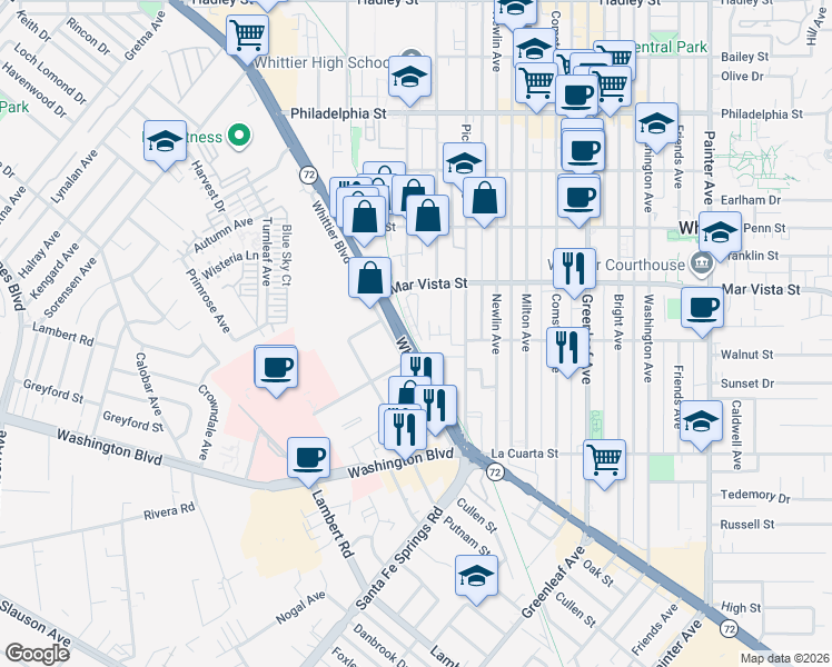 map of restaurants, bars, coffee shops, grocery stores, and more near 12466 Amesbury Circle in Whittier