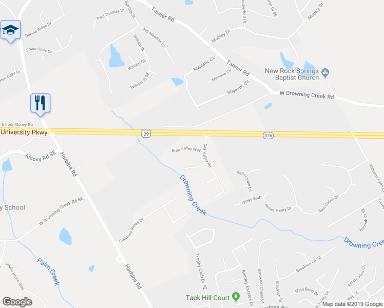 map of restaurants, bars, coffee shops, grocery stores, and more near 2557 Briar Valley Way in Dacula