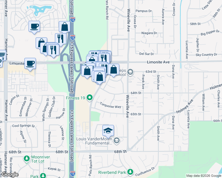 map of restaurants, bars, coffee shops, grocery stores, and more near 11921 Sunstone Court in Jurupa Valley