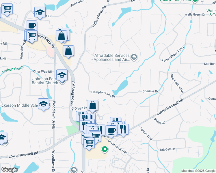 map of restaurants, bars, coffee shops, grocery stores, and more near 4922 Lakeland Drive in Marietta